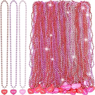 Batiyeer 100 Pieces Heart Shaped Beads Necklaces Valentine's Day Party Necklace Bulk Love Sweet Necklace with Heart Shaped Pendant Necklaces for Valentines Day Bachelorette Mardi Gras Party Favors