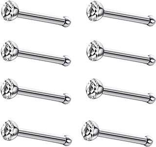 JewelrieShop 40pcs Nose Studs Stainless Steel CZ Nose Rings Stud Piercing Jewelry Bone Studs for Women Men Hypoallergenic 22G