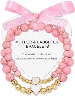 Mother-Daughter Pink Turquoise Beaded Bracelets: Adjustable, Handcrafted Stone Bracelets for Mom and Daughter - Ideal Mother's Day Gift