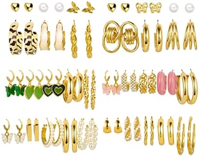 32 Pair Gold Hoop Earrings Set, Durable Brass Dangle Earrings with Clutchless Design, Hypoallergenic Jewelry for Women and Girls - Perfect as Christmas Gift