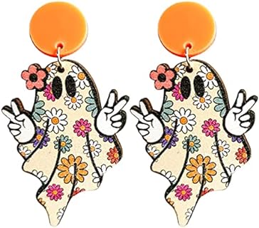 Womens Colorful Halloween Themed Wooden Dangle Earrings with French Wire Backs - Ghost, Pumpkin, & Spider Print Design