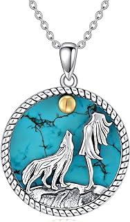 925 Sterling Silver Wolf Pendant Necklace with Cable Chain & Turquoise Gem - Perfect for Independent & Adventurous Women, Wolf & Moon Design