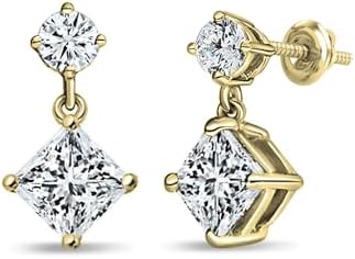 Screw Back 1 Carat Princess & Round Lab Grown Diamond Drop Earrings in 10K Yellow Gold for Her, Minimalist Design
