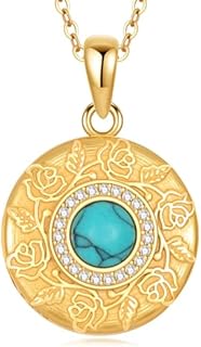 Four Photo Locket Necklace for Women with Sterling Silver Cable Chain & Lobster Clasp - 925 Gold Plated Round Turquoise Pendant