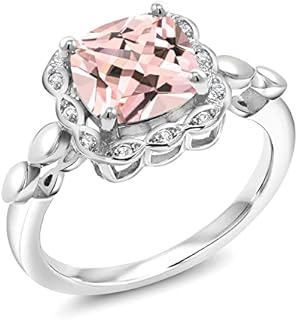 Gem Stone King 925 Sterling Silver Peach Nano Morganite and White Created Sapphire Ring For Women (2.10 Cttw, Cushion 8MM, Available In Size 5, 6, 7, 8, 9)