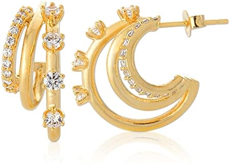 14K Gold Plated Triple Split Hoop Earrings with Cubic Zirconia Gems and Latch Back Design for Women