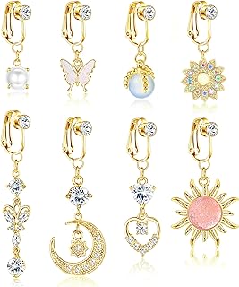 FUNRUN JEWELRY 8Pcs Fake Belly Ring for Women Clip on Belly Button Rings CZ Opal Butterfly Non Piercing Dangle Navel Rings Fake Belly Piercing Jewelry