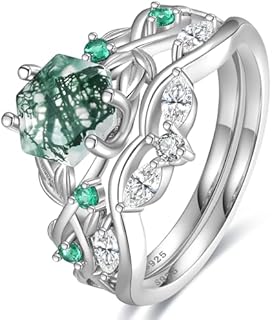 Natural Moss Agate Engagement Rings Set 925 Sterling Silver Ring for Women Hexagon Cut Wedding Promise Rings Set Vine Leaf Moss Agate Ring Jewelry Gift for Her Size 5-9