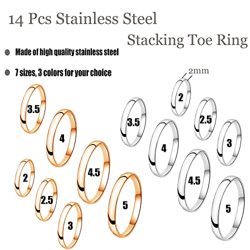 MJust 2mm 18K Gold Plated Stainless Steel Toe Ring 14Pcs Closed Plain Thin Band Toe Rings for Woman Rose Gold|Silver|Gold Stacking Rings Set Comfort Fit Size 2-9 Beach Foot Jewelry