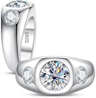 Unisex Platinum Plated 3-Stone Bezel Set Moissanite Engagement Ring with VVS D Color Lab-Created Diamonds - Size 5