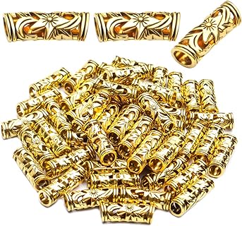 Aylifu Antique Golden Bail Beads for Bracelets and Necklaces, 50pcs Crafted Metal Tube Slider Beads, Round Design