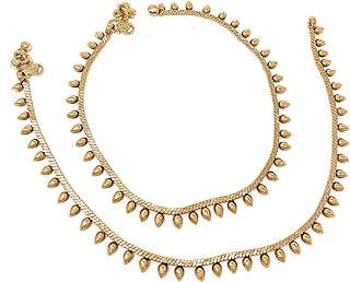 Duel On Jewel Gold Plated Dainty Simple Everyday Wear Chain Teardrop Bell Payal Anklet Pair For Women - Beach Party Gift