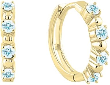 Dazzlingrock Collection 2.4mm Each Round Gemstone or Diamond Three Stone Style with Alternating Beads Huggie Hoop Earrings for Women in Gold