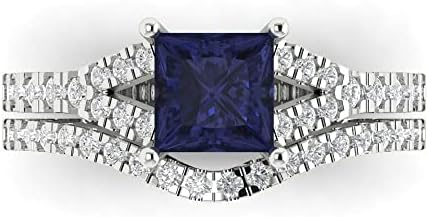 Clara Pucci 2.01ct White Gold Princess Cut White Sapphire Engagement Ring with Blue Sapphire Pave Set and Custom Engraving - Bridal Set Size 3.5