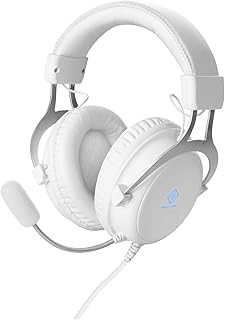 DELTACO GAMING Over-Ear Headset weiß mit hellblauer LED-Beleuchtung und verstellbarem Mikrofon, 3,5 mm Klinke + USB-Anschluss, Ideal für PC, PS4, Xbox und mehr