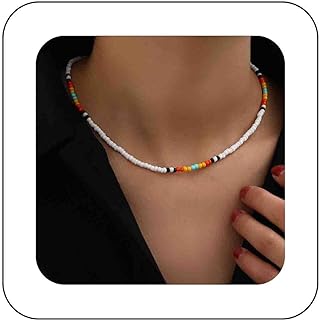 Bohemian Colorful Alloy Rice Bead Necklace with Cable Chain for Women and Girls, Adjustable, Hypoallergenic, Blue