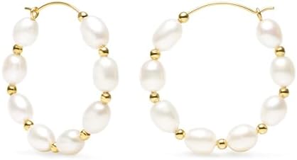 Pearl Hoop Earrings for Women 14K Gold Filled White Freshwater Cultured Pearl Hoop Earrings COMOTO Jewelry