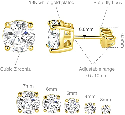 18K Gold Plated 4 Prong Graduated Round Clear Cubic Zirconia Stud Earring Set for Women (5 Pairs)