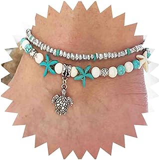 Bead Chain Turtle Anklet with Layered Pendant Design for Women and Girls - Beach-Blue Starfish, Turtle and Turquoise Accent Beads