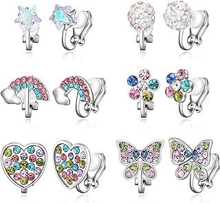 Magnetic Clip-On Earrings Set with Push Back, 6 Pairs of Fun Crystal Embellished Alloy Charms for Women & Girls - Stars, Hearts, Flowers, Butterflies, and Rainbows