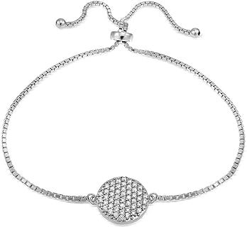 Chic Sterling Silver Box Chain Stretch Bracelet with Cubic Zirconia Circle Charm for Ladies, Adjustable