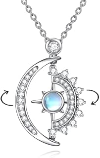 LUHE Sun & Moon Crystal Necklace with Cable Chain - Sterling Silver, Moonstone Gem - Unique Celtic Cross/Crescent Design - Ideal Gift for Unisex