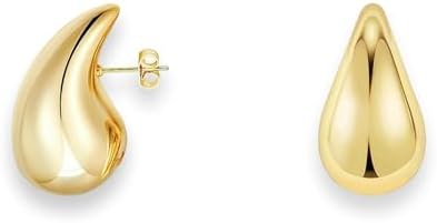 14K Chunky Gold Teardrop Hoop Earrings for Women with Tungsten Steel Finish, Hidden Snap Post Design - Waterproof and Lightweight Statement Jewelry