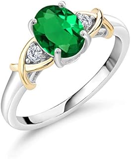 Gem Stone King 10K Yellow Gold and 925 Sterling Silver Green Nano Emerald and Lab Grown Diamond Engagement Ring For Women | 0.83 Cttw | Oval 8X6MM | Size 5-9