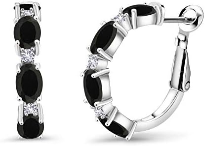 Sterling Silver Lever Back Onyx & Created Sapphire Hoop Earrings for Women - Oval Shaped 6X4MM