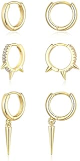 FANZE Gold Plated 3 Pair Earring Set: Spike Dangle and Hoop Design with Cubic Zirconia Gems, Perfect for Women and Girls