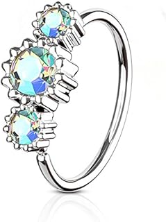 20 g 8 mm Surgical Steel Triple CZ Crystal Gemmed Nose Ring Jewelry & Cartilage Hoop Earring for Women or Men (Choose Color)