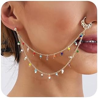 Wiwpar Punk Indian Beaded Star Heart Tassel Nose Chain Nose Ring with Chain to Ear Stud Non-Pierced Layered Link Chain Nose Rings, Metal, alloy