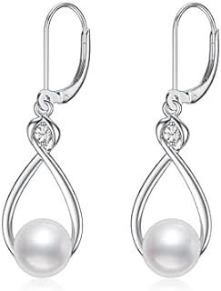 7mm Freshwater Cultured Pearl & Diamond Drop Earrings in 925 Sterling Silver with French Wire Back Finding for Women
