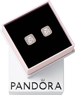 14k Rose Gold Push-Back PANDORA Square Sparkle Halo Stud Earrings with Cubic Zirconia for Women - Elegant Glow-in-the-Dark Jewelry Gift