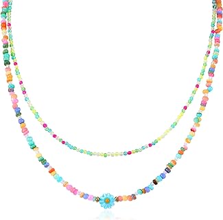 Colorful Beaded Necklace Boho Layered Necklaces For Women Purple Mixed Blue Beaded Necklace With Daisy Flower Pendant Handmade Necklaces For Women Girls Jewelry Necklaces Gift