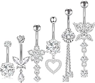 TIANCI FBYJS Surgical Stainless Steel Dangle Belly Button Rings for Women Dangling Navel Piercing Jewelry with Heart Flower Butterfly Silver 14G Curved Belly Ring