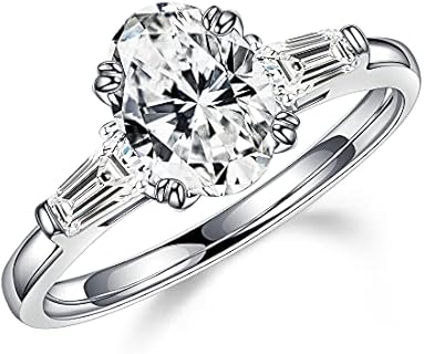 MOOSEA 1.5ct Oval Cut Moissanite 3 Stone Rings for Women, D Color VVS1 Clarity Lab Created Diamond Rings 14K White Gold Vermeil Double Claw Moissanite Engagement Rings for Women Gifts