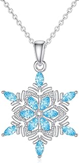 SISGEM Real Gold Snowflake Necklace with Simulated Aquamarine,10K White Gold Snowflake Flower Pendant Necklace Winter Frozen Jewelry Christmas Birthday Gifts for Women Girls 16+1+1 Inch