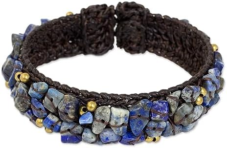 NOVICA Artisan Handmade Lapis Lazuli Cuff Bracelet Fair Trade Brass Stainless Steel Blue Beaded Thailand Bohemian Birthstone [6.5 in L (end to End) x 0.8 in W] ' Ocean Day'