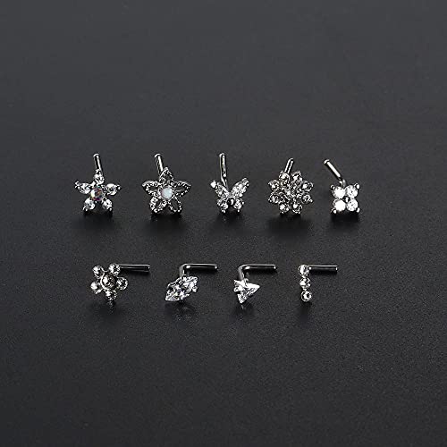 BodyBonita 9Pcs 20G Nose Rings Studs with Big Bling CZ Snowflake Star Top Surgical Steel L-Shaped Nose Studs Triple Linear Gem Ball Round Diamond CZ Nose Piercing Jewelry 7mm