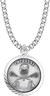 Sterling Silver St. Christopher Lacrosse Medal Pendant Necklace with Curb Chain, Lobster Claw Clasp for Men & Women, Round Design