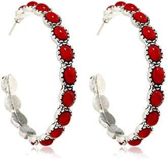 Red Drop Earrings with French Wire Back Finding, Faux Turquoise Gems for Women, Hoop Design - Retro Bohemian Style Statement Jewelry