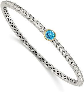 925 Sterling Silver and 14k White Gold Hinged Bangle with 6mm Blue Topaz for Women - Elegant and Stackable Design