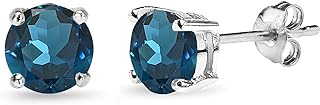 Sterling Silver Genuine London Blue Topaz 6mm Round Prong-set Stud Earrings for Women Girls