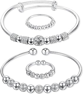 4-Piece Copper & Silver Fidget Bead Anxiety Ring and Bracelet Set - Adjustable Ladies Jewelry for Focus and Serenity