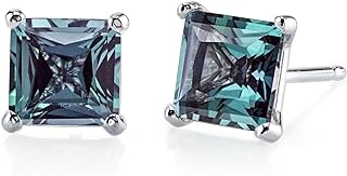Peora Solid 14K White Gold 2.50 Carats Created Alexandrite Stud Earrings for Women, Color-Changing Solitaire Princess Cut 6mm, Friction Back