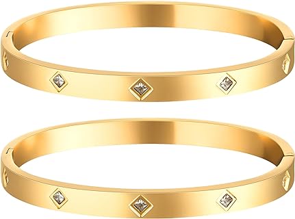 Women's Love Bangle Bracelet with Box Chain and Lobster Claw Clasp in 18K Gold Plated Stainless Steel, Featuring 5A Cubic Zirconia - Perfect Gift for Her