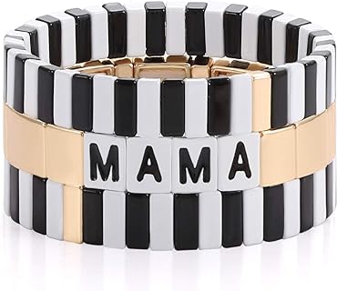 "Mama" Enamel & Alloy Beaded Bracelet with Bead Chain - Stackable Mother's Day Gift Set of 3, Colorblock Tile Design