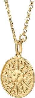18K Gold Vermeil Sun Coin Pendant Necklace with Cable Chain and Lobster Clasp, No Gemstone, Celestial Design Gift for Her