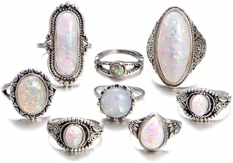 925 Sterling Silver Turquoise Ring Set - 8 Piece Silver-Plated Stackable Rings with Teardrop Opal Gems, Midi and Statement Designs for Women, Perfect for Cocktail Parties and Birthdays
